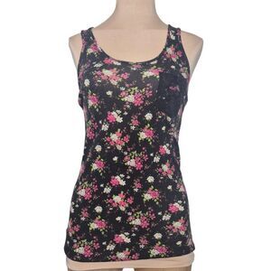 IRIS Y2K Black Floral Print Lace Racerback Tank Top Size Small